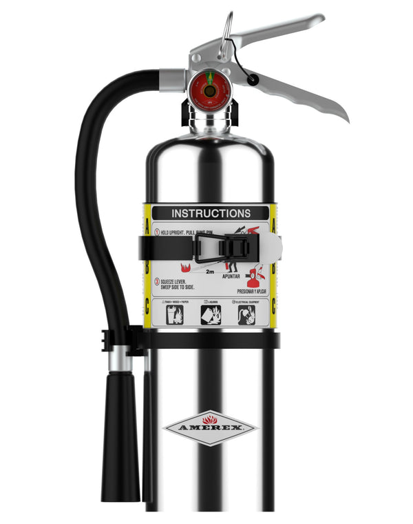 Amerex B500TC chrome 5 lb ABC fire extinguisher with vehicle bracket, front view