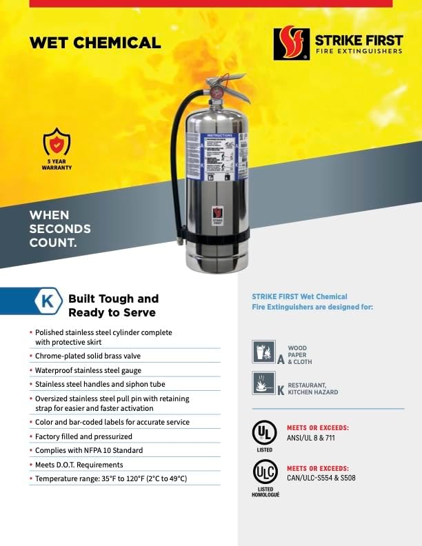 Strike First 6L Wet Chemical Fire Extinguisher (Class K) | UL Certified for Commercial Kitchen Grease Fires, Restaurant Grade, SF-6LK