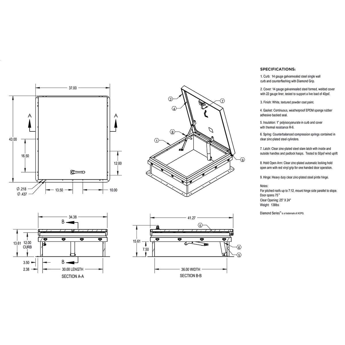 JL Industries RHDG Galvanized Steel DiamondTM Series Galvanneal Roof Hatch Series with White Textured Powder Coat Paint Finish - Ladder Access