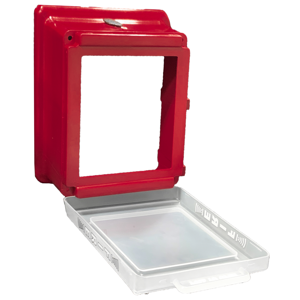Cato 220 series pull to open fire alarm pull station cover, red, shown open