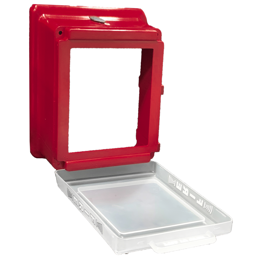Cato 220 series pull to open fire alarm pull station cover, red, shown open