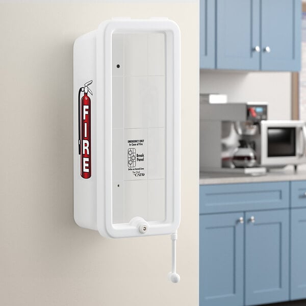 Cato 11001 Chief 10 lb white plastic fire extinguisher cabinet installed on a wall