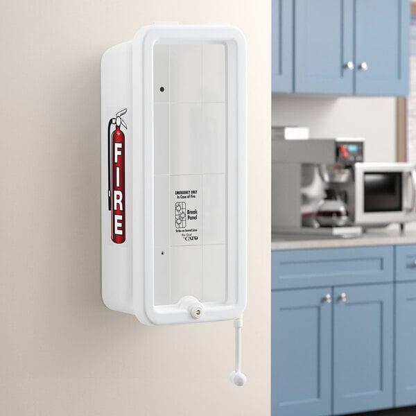 Cato 10501 Chief 5 lb white plastic fire extinguisher cabinet installed on a wall