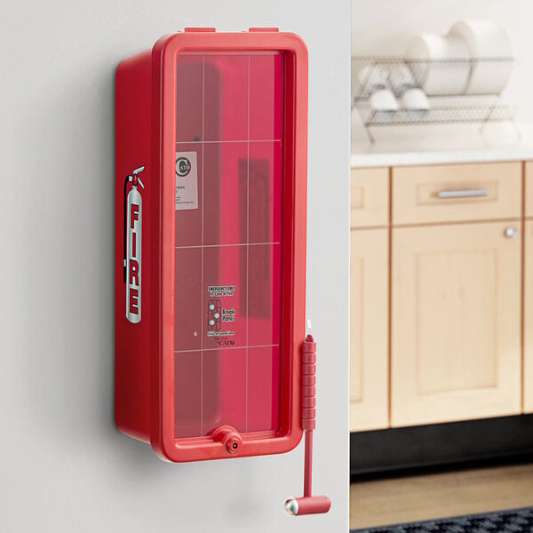 Cato 11051 Chief 10 lb red plastic fire extinguisher cabinet installed on a wall
