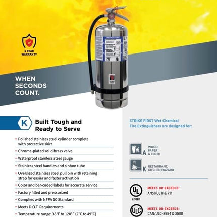 Strike First 6L Wet Chemical Fire Extinguisher (Class K) | UL Certified for Commercial Kitchen Grease Fires, Restaurant Grade, SF-6LK