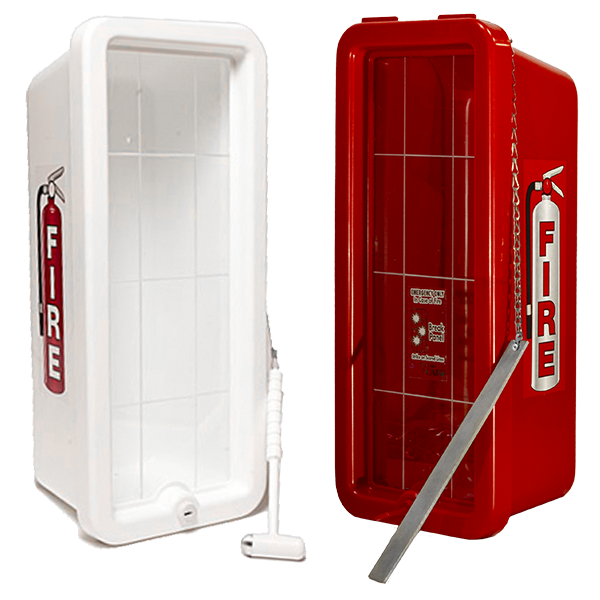 Cato Chief plastic fire extinguisher cabinets in white and red, doors open showing the break hammer