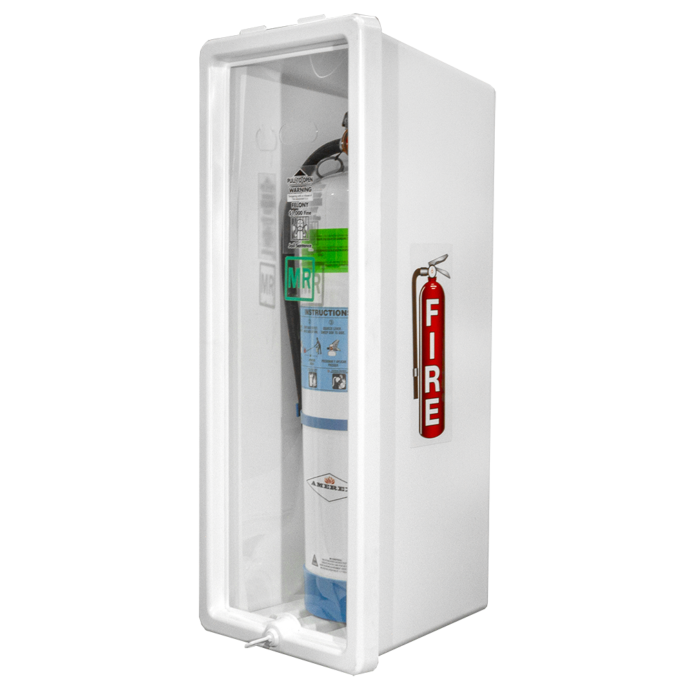 Cato Island Chief MR Safe plastic fire extinguisher cabinet, white, door open