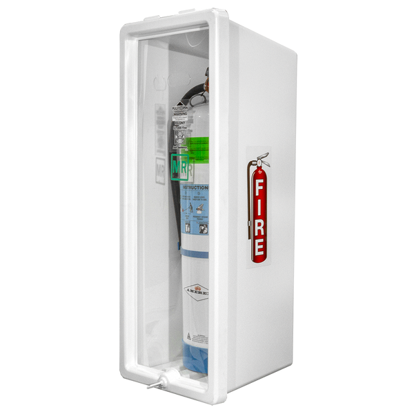Cato Island Chief MR Safe plastic fire extinguisher cabinet, white, door open