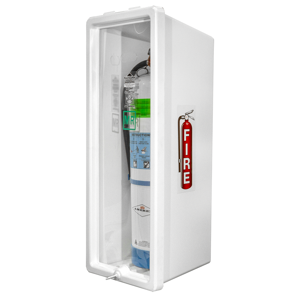 Cato Island Chief MR Safe plastic fire extinguisher cabinet, white, door open