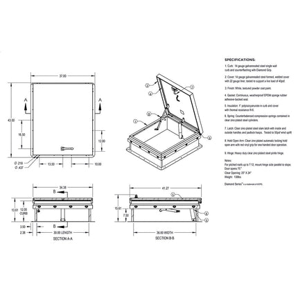 JL Industries RHDG Galvanized Steel DiamondTM Series Galvanneal Roof Hatch Series with White Textured Powder Coat Paint Finish - Ladder Access