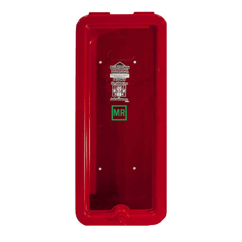 Cato Island Chief plastic fire extinguisher cabinet, red, front view with PULL TO OPEN pull panel
