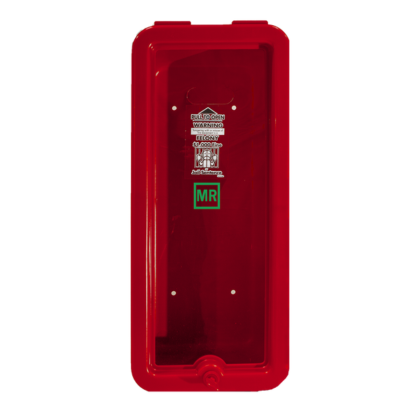 Cato Island Chief plastic fire extinguisher cabinet, red, front view with PULL TO OPEN pull panel