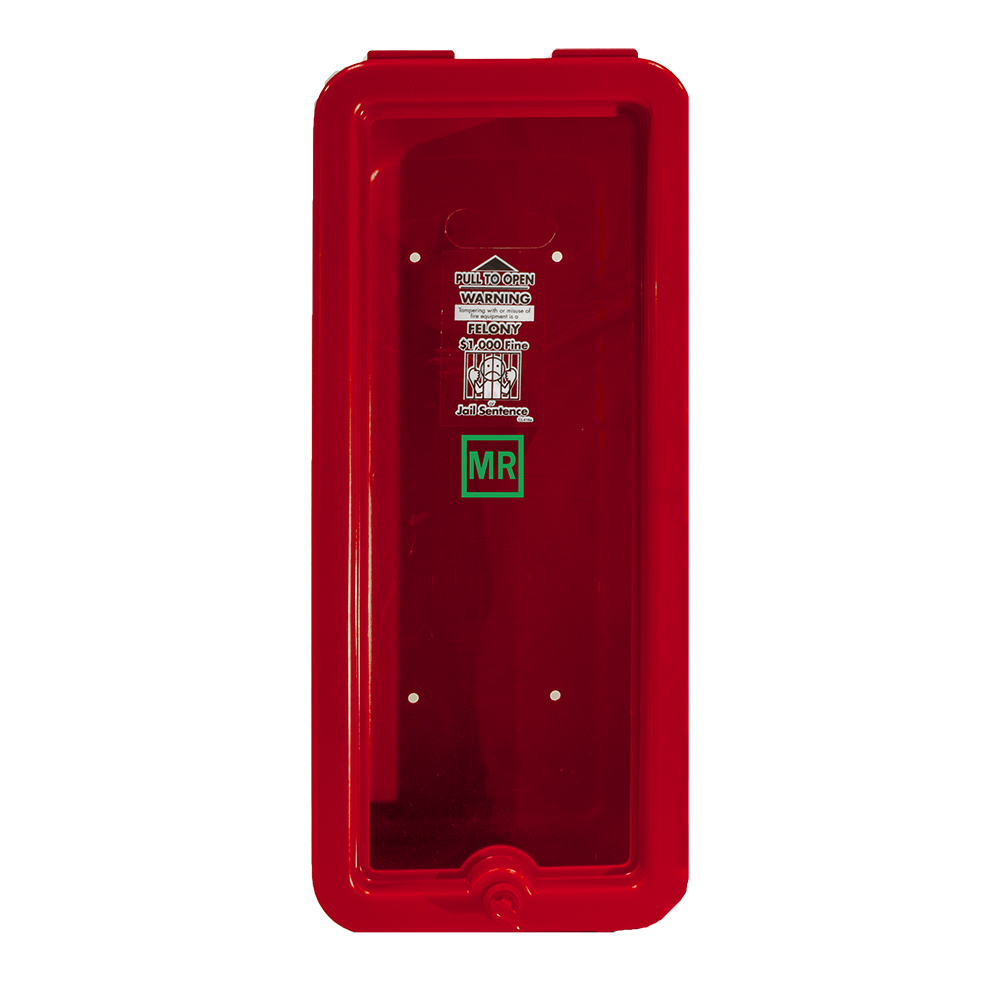 Cato Island Chief plastic fire extinguisher cabinet, red, front view with PULL TO OPEN pull panel